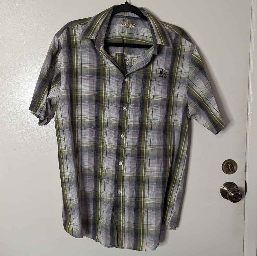 Lucky 13 zombie tiki button up shirt plaid green rockabilly retro pin up M L - Picture 5 of 12